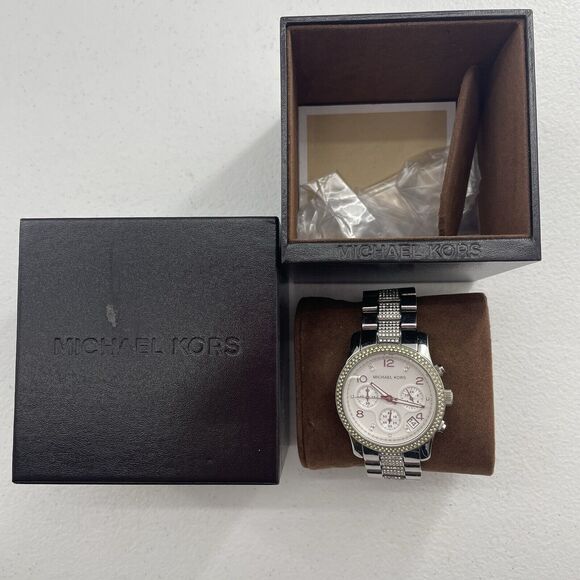 Michael Kors Watch Women's Runway Chronograph SSWhite Crystal Silver Tone Dial - Picture 6 of 16